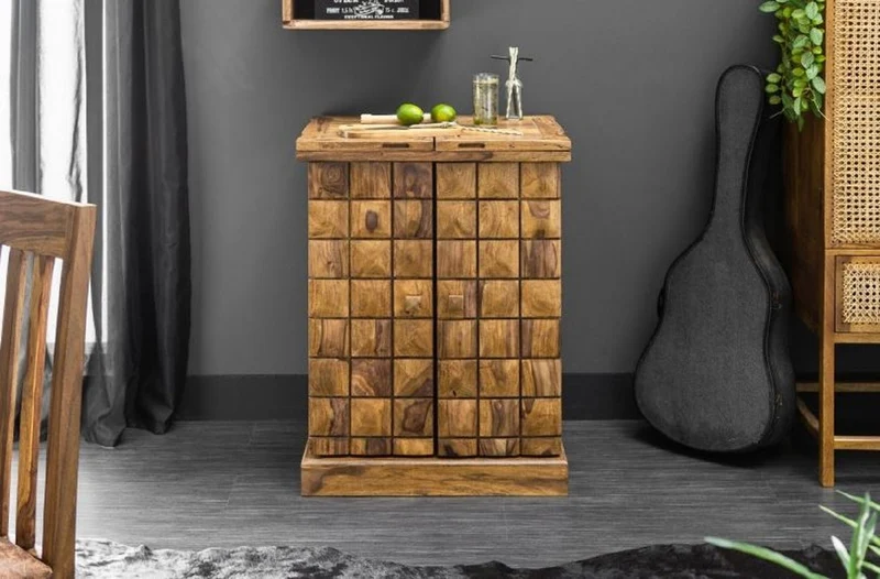 Casa Padrino Designer Barschrank Naturfarben / Braun 65-130 x 50 x H. 90 cm - Moderner Massivholz Weinschrank mit 2 Türen und Schublade - Barmöbel