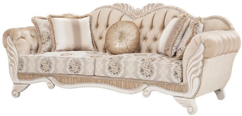 Casa Padrino Luxus Barock Sofa Beige / Weiß 230 x 88 x H. 96 cm - Wohnzimmer Sofa mit Blumenmuster und dekorativen Kissen - Barock Möbel