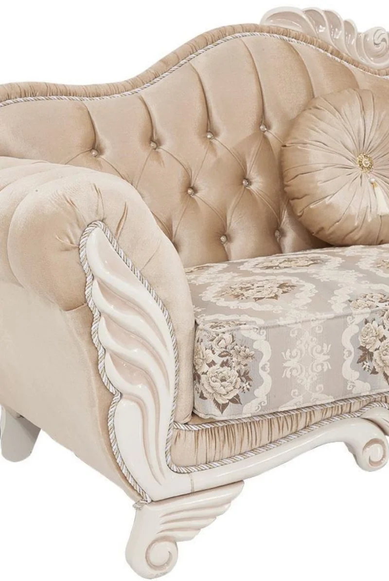 Casa Padrino Luxus Barock Sofa Beige / Weiß 230 x 88 x H. 96 cm - Wohnzimmer Sofa mit Blumenmuster und dekorativen Kissen - Barock Möbel