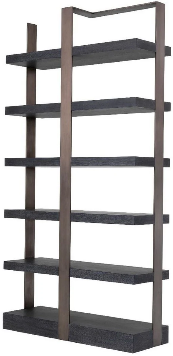 Casa Padrino Luxus Regalschrank Schwarz / Bronze 120,5 x 40 x H. 230 cm - Eichenfurnier Schrank mit Edelstahlrahmen - Bücherschrank - Luxus Wohnzimmer Möbel