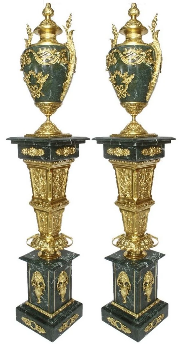 Casa Padrino Barock Deko Porzellan Vasen mit Marmor Säulen Set Grün / Gold 30 x 30 x H. 180 cm - Edel & Prunkvoll