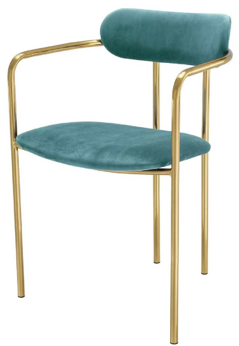 Casa Padrino Luxus Esszimmerstühle mit Armlehnen Türkis / Gold 53 x 50 x H. 74 cm - Küchenstühle mit edlem Samtstoff - Esszimmer Set - Esszimmer Möbel