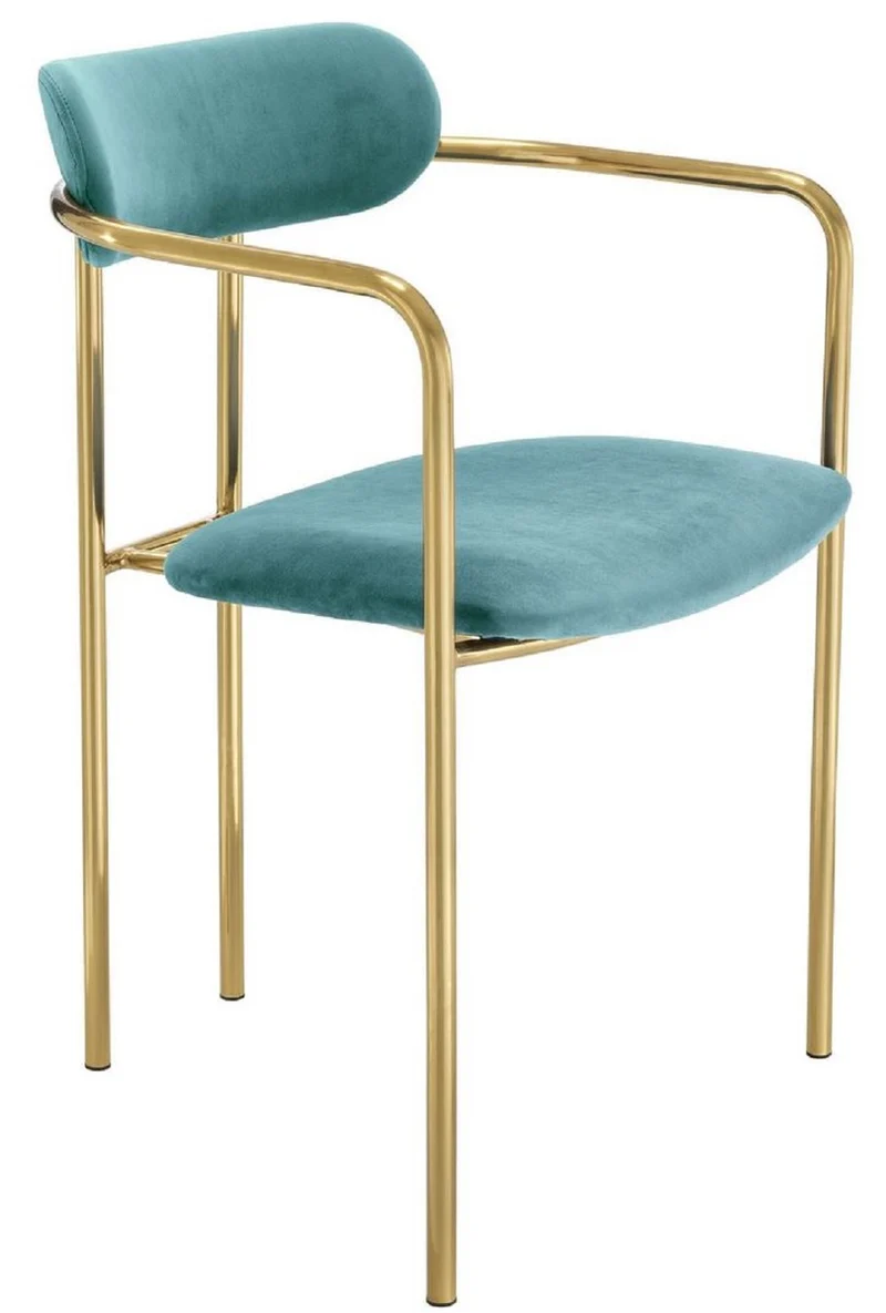 Casa Padrino Luxus Esszimmerstühle mit Armlehnen Türkis / Gold 53 x 50 x H. 74 cm - Küchenstühle mit edlem Samtstoff - Esszimmer Set - Esszimmer Möbel