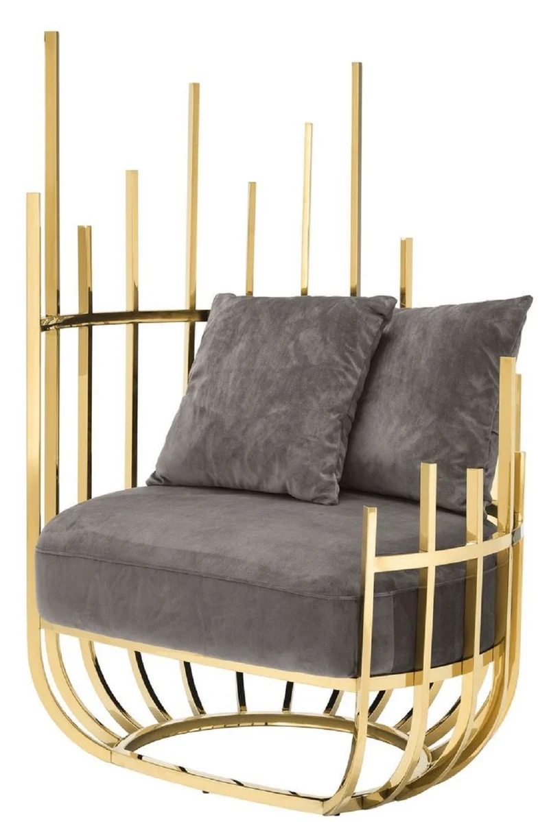 Casa Padrino Designer Sessel linksseitig mit 2 Kissen Grau / Gold 91,5 x 75 x H. 136,5 cm - Designer Wohnzimmer Möbel - Luxus Qualität