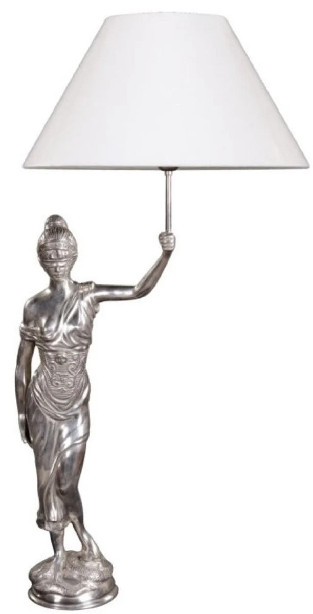 Casa Padrino Tischleuchte mit Bronzefigur Justitia Silber / Weiß 55 x 48 x H. 105 cm - Hotel & Restaurant Tischlampe