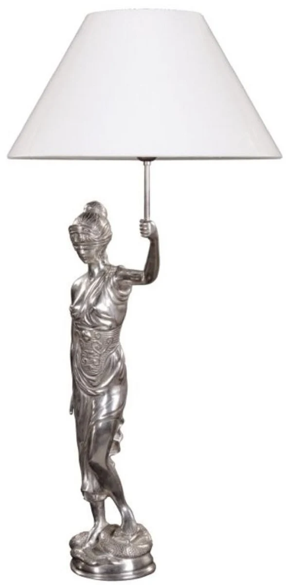 Casa Padrino Tischleuchte mit Bronzefigur Justitia Silber / Weiß 55 x 48 x H. 105 cm - Hotel & Restaurant Tischlampe