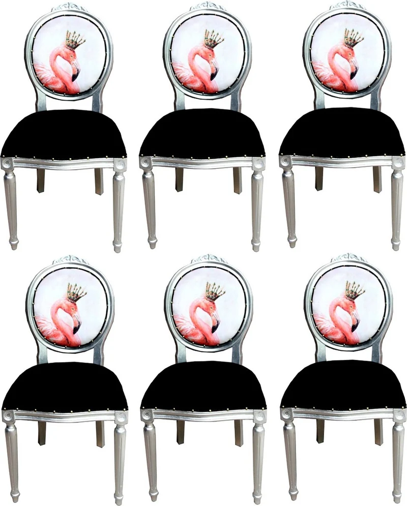 Casa Padrino Luxus Barock Esszimmer Set Flamingo mit Krone Schwarz / Mehrfarbig / Silber 48 x 50 x H. 98 cm - 6 handgefertigte Esszimmerstühle mit Bling Bling Glitzersteinen - Barock Esszimmermöbel