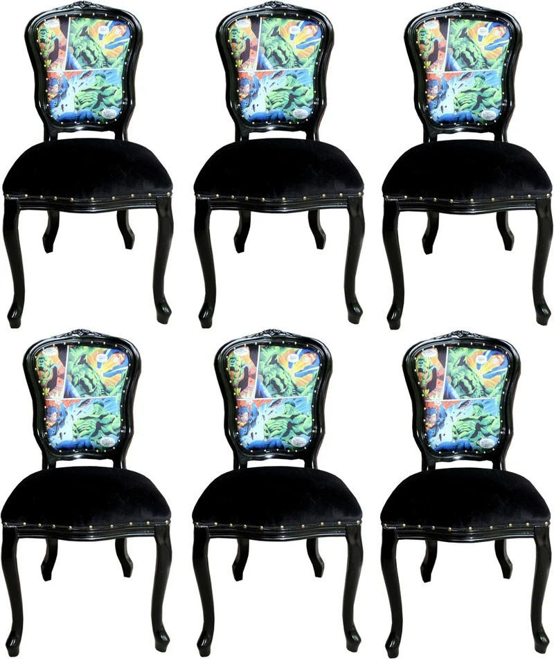 Casa Padrino Luxus Barock Esszimmer Set Comic Mehrfarbig / Schwarz 55 x 54 x H. 103 cm - 6 handgefertigte Esszimmerstühle - Designer Stühle - Barock Esszimmermöbel
