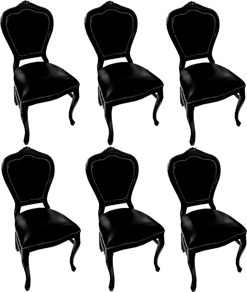 Casa Padrino Luxus Barock Esszimmer Set Schwarz / Schwarz 45 x 47 x H. 99 cm - 6 handgefertigte Massivholz Esszimmerstühle mit Echtleder - Barock Esszimmermöbel