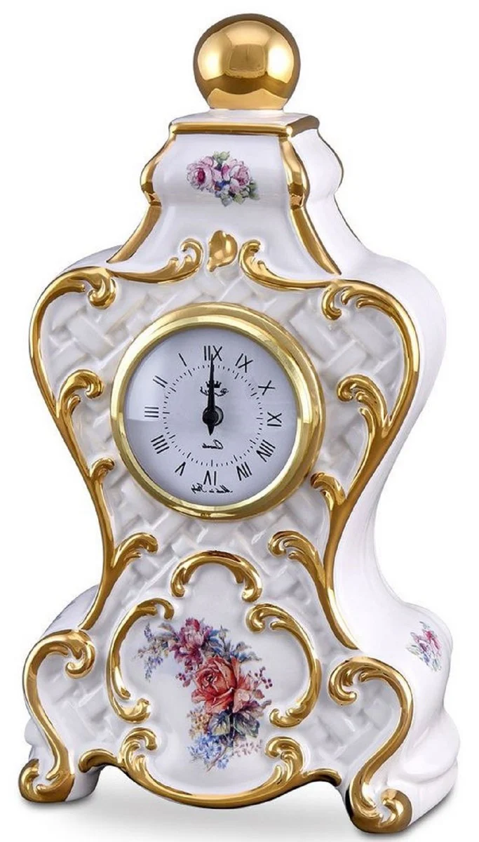 Casa Padrino Barock Tischuhr Weiß / Gold / Mehrfarbig 17 x 12 x H. 30 cm - Prunkvolle Barock Keramik Uhr mit Blumen Design