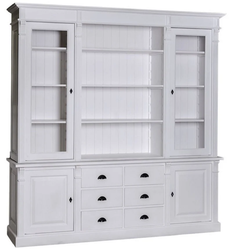 Casa Padrino Landhausstil Wohnzimmerschrank Hellgrau 223 x 51 x H. 240 cm - Bücherschrank mit 4 Türen und 6 Schubladen - Massivholz Schrank - Landhausstil Möbel