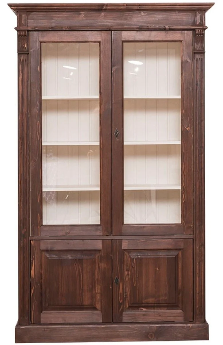 Casa Padrino Landhausstil Bücherschrank Dunkelbraun / Creme 119 x 39 x H. 197 cm - Wohnzimmerschrank mit 4 Türen - Massivholz Schrank - Vitrinenschrank - Landhausstil Wohnzimmermöbel
