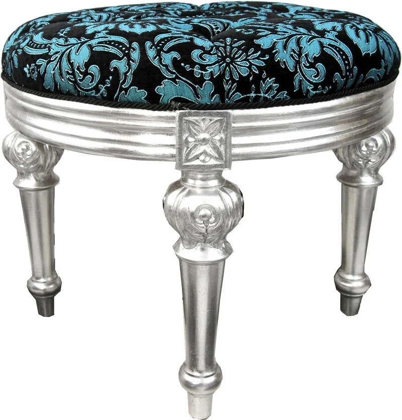 Pompöös by Casa Padrino Luxus Barock Sitzhocker Rund Türkis Schwarz Muster / Silber - Pompööser Barock Hocker designed by Harald Glööckler