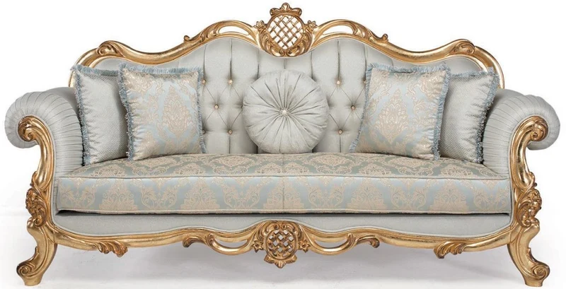 Casa Padrino Luxus Barock Wohnzimmer Set Hellblau / Türkis / Gold - 2 Sofas & 2 Sessel & 1 Couchtisch - Wohnzimmer Möbel im Barockstil - Edel & Prunkvoll