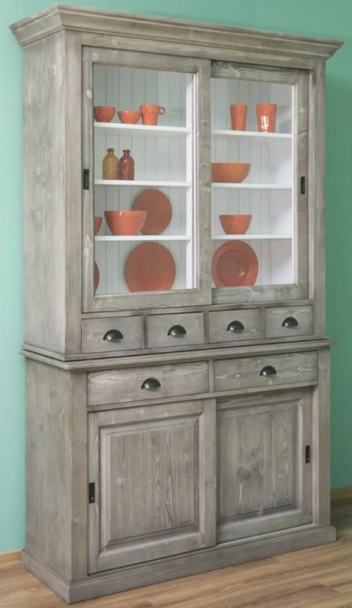 Casa Padrino Landhausstil Küchenschrank Grau / Weiß 142 x 48 x H. 225 cm - 2 Teiliger Schrank mit 4 Schiebetüren und 6 Schubladen - Landhausstil Küchenmöbel