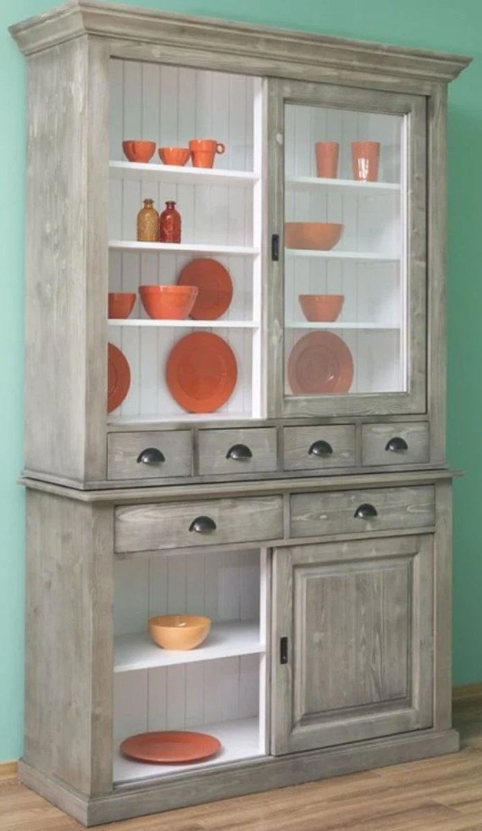 Casa Padrino Landhausstil Küchenschrank Grau / Weiß 142 x 48 x H. 225 cm - 2 Teiliger Schrank mit 4 Schiebetüren und 6 Schubladen - Landhausstil Küchenmöbel