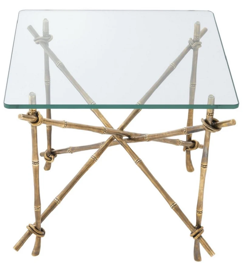Casa Padrino Luxus Beistelltisch Vintage Messingfarben 55 x 55 x H. 49,5 cm - Messing Tisch mit Glasplatte - Luxus Möbel