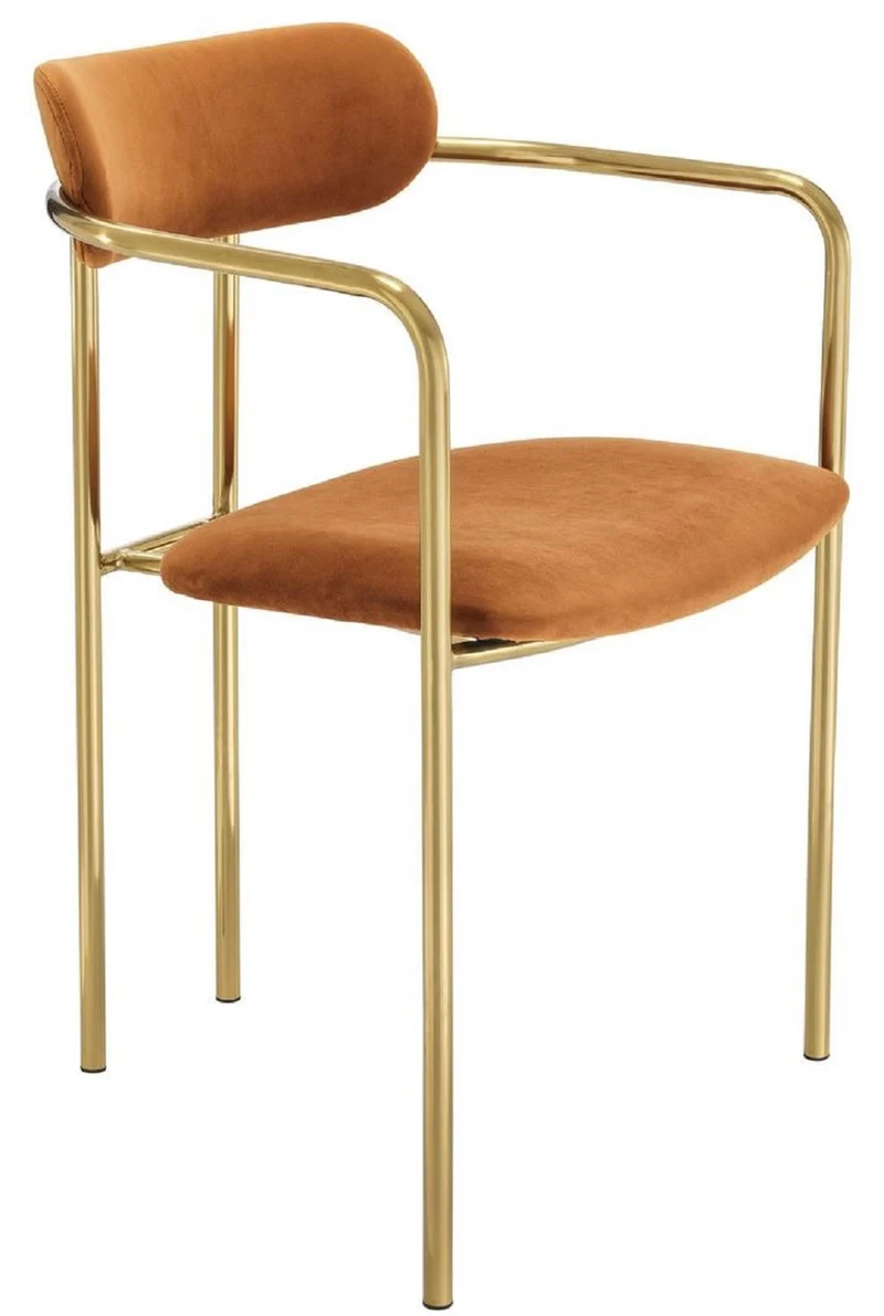 Casa Padrino Luxus Esszimmerstühle mit Armlehnen Orange / Gold 53 x 50 x H. 74 cm - Küchenstühle mit edlem Samtstoff - Esszimmer Set - Esszimmer Möbel