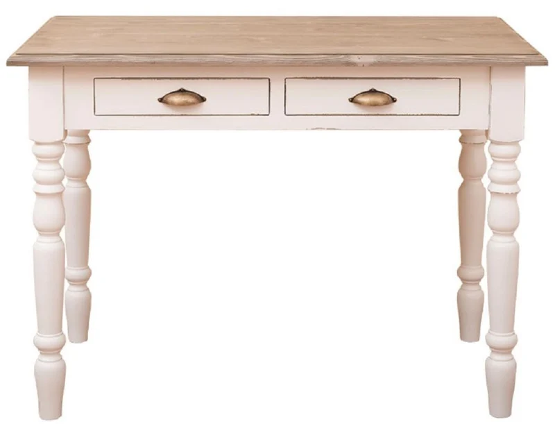 Casa Padrino Landhausstil Schreibtisch mit 2 Schubladen Antik Weiß / Naturfarben / Antik Messing 109 x 60 x H. 79 cm - Landhausstil Büromöbel
