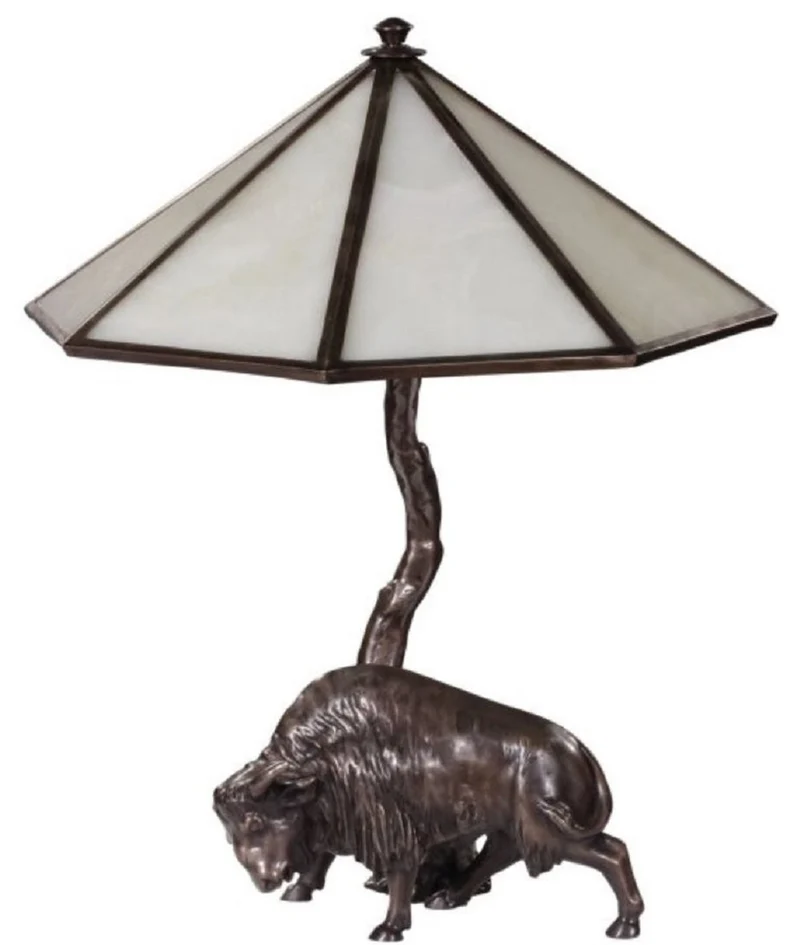 Casa Padrino Luxus Tischleuchte mit Bronzefigur Bison Bronze / Weiß 42 x 42 x H. 50 cm - Luxus Kollektion