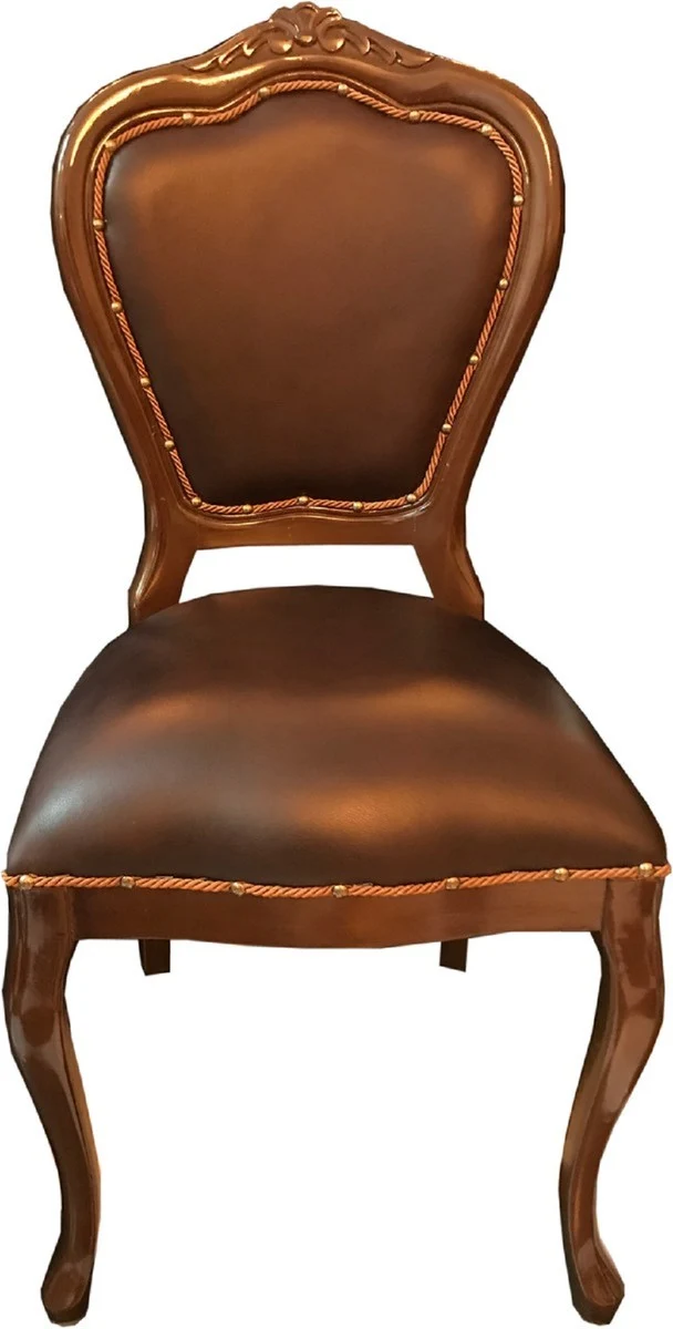 Casa Padrino Luxus Barock Esszimmer Set Braun / Braun 45 x 47 x H. 99 cm - 4 handgefertigte Massivholz Esszimmerstühle mit Echtleder - Barock Esszimmermöbel