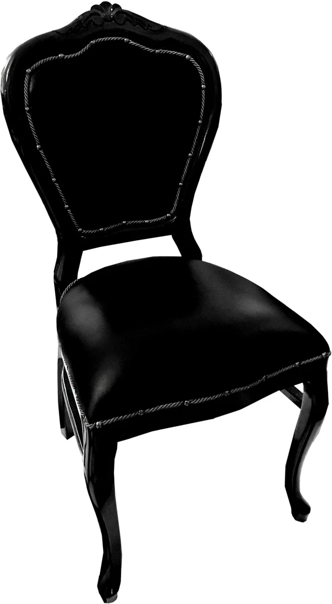 Casa Padrino Barock Luxus Echtleder Esszimmer Stuhl Schwarz / Schwarz - Handgefertigte Möbel mit echtem Leder