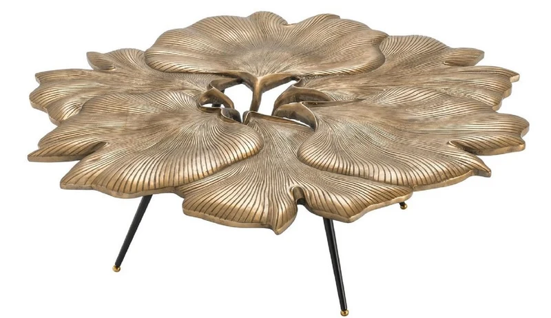 Casa Padrino Designer Couchtisch Vintage Messingfarben / Schwarz / Gold 98 x 92 x H. 29 cm - Wohnzimmertisch im Ginkgoblätter Design - Luxus Qualität