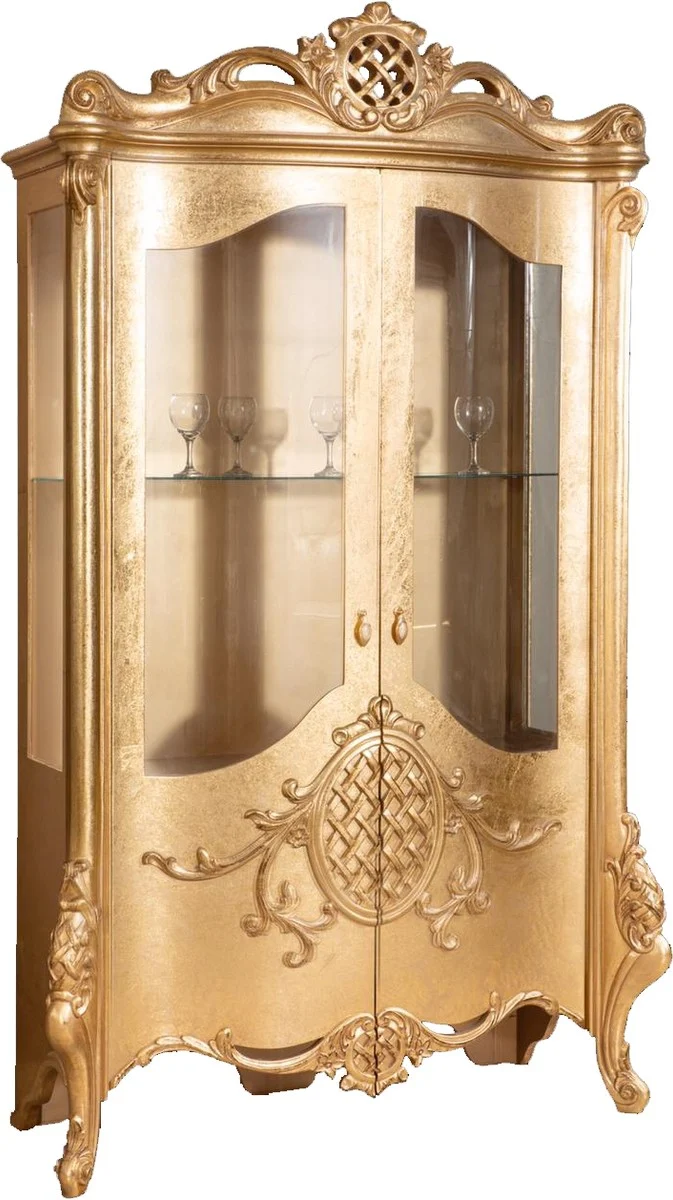 Casa Padrino Luxus Barock Vitrine Gold 130 x 50 x H. 222 cm - Prunkvoller Barock Vitrinenschrank mit 2 Türen - Wohnzimmerschrank - Barock Wohnzimmermöbel