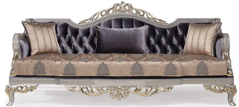 Casa Padrino Luxus Barock Wohnzimmer Set Lila / Beige / Silber / Gold - 2 Sofas & 2 Sessel & 1 Couchtisch - Wohnzimmer Möbel im Barockstil - Edel & Prunkvoll