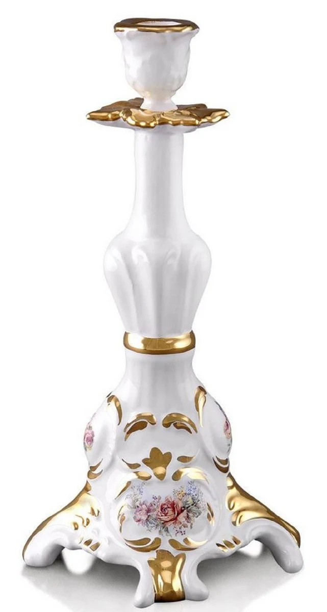 Casa Padrino Barock Keramik Kerzenständer Weiß / Gold 14 x 12 x H. 28 cm - Prunkvoller handbemalter Kerzenhalter im Barockstil