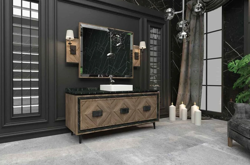 Casa Padrino Luxus Badezimmer Set Braun / Schwarz / Weiß - 1 Waschtisch mit 3 Türen und 1 Waschbecken und 1 Wandspiegel - Luxus Badezimmermöbel