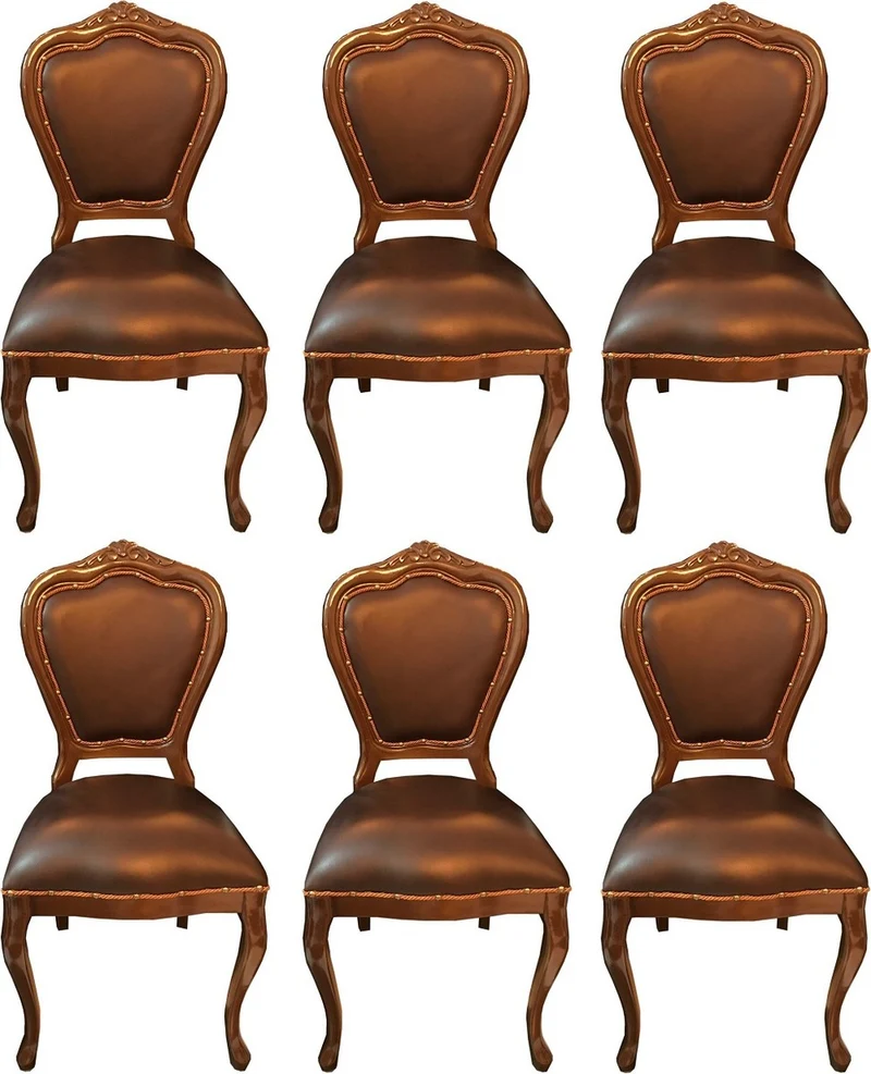 Casa Padrino Luxus Barock Esszimmer Set Braun / Braun 45 x 47 x H. 99 cm - 6 handgefertigte Massivholz Esszimmerstühle mit Echtleder - Barock Esszimmermöbel