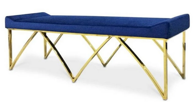 Casa Padrino Luxus Sitzbank Blau / Gold 152 x 65 x H. 50 cm - Gepolsterte Samt Bank mit Edelstahl Beinen - Luxus Qualität