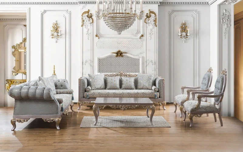 Casa Padrino Luxus Barock Wohnzimmer Set Türkis / Silber / Gold - 2 Sofas & 2 Sessel & 1 Couchtisch - Wohnzimmer Möbel im Barockstil - Edel & Prunkvoll