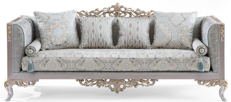 Casa Padrino Luxus Barock Wohnzimmer Set Türkis / Silber / Gold - 2 Sofas & 2 Sessel & 1 Couchtisch - Wohnzimmer Möbel im Barockstil - Edel & Prunkvoll