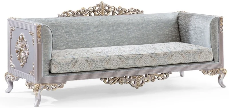 Casa Padrino Luxus Barock Wohnzimmer Set Türkis / Silber / Gold - 2 Sofas & 2 Sessel & 1 Couchtisch - Wohnzimmer Möbel im Barockstil - Edel & Prunkvoll