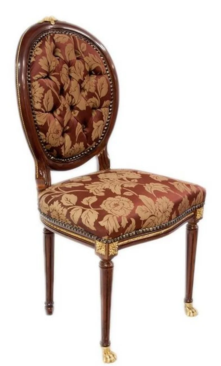 Casa Padrino Barock Esszimmerstuhl Dunkelbraun / Gold / Bordeauxrot mit Muster 50 x 45 x H. 100 cm - Barock Stuhl mit Löwenfüßen - Barock Esszimmer Möbel