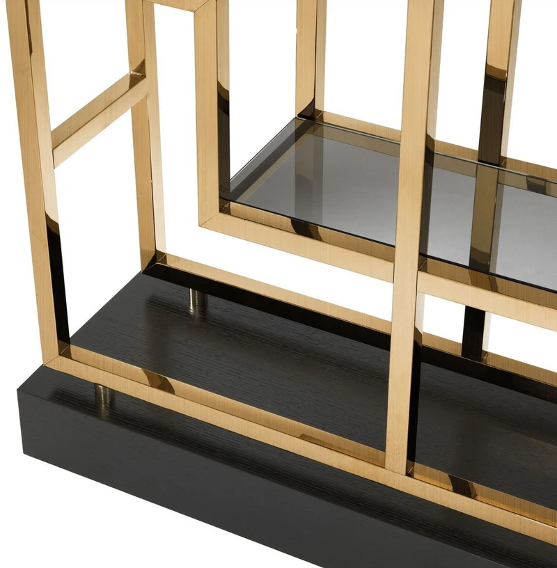 Casa Padrino Luxus Regalschrank Messing / Schwarz 108 x 29 x H. 240 cm - Edelstahl Wohnzimmerschrank mit 10 Glasregalen - Luxus Wohnzimmer Möbel
