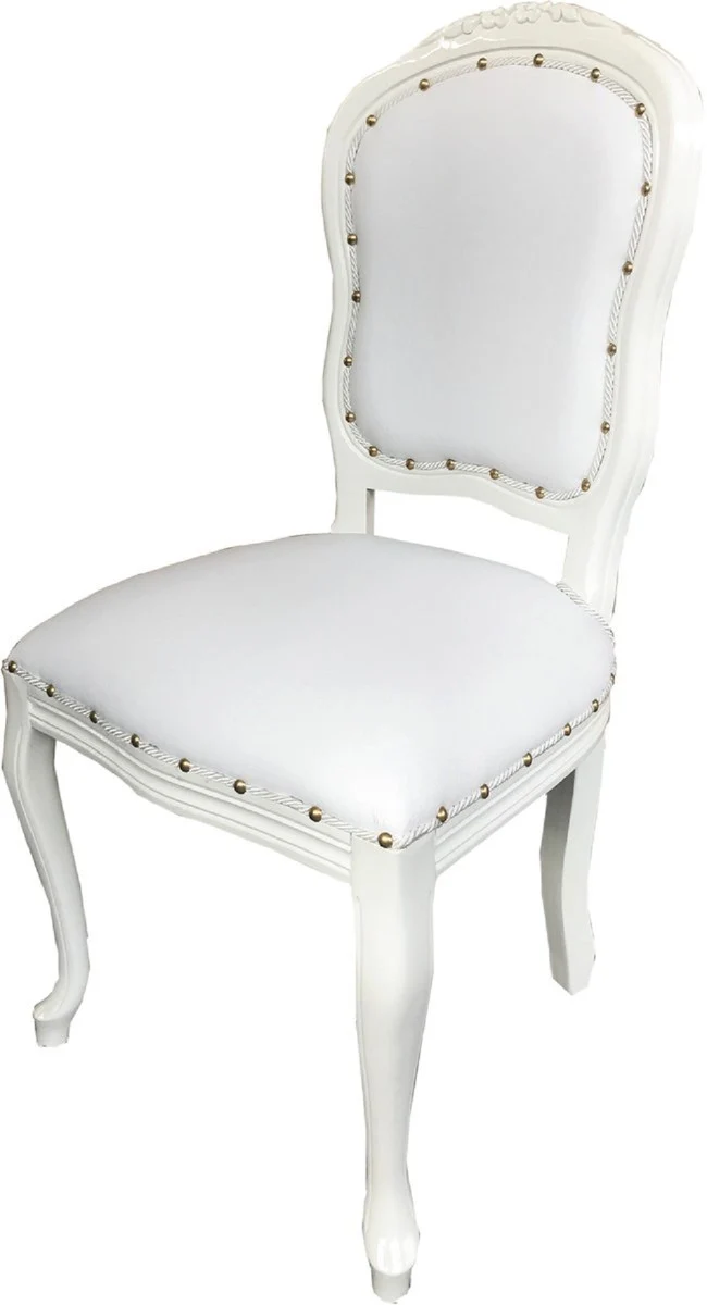 Casa Padrino Luxus Barock Esszimmer Set Weiß / Weiß 55 x 54 x H. 103 cm - 4 handgefertigte Esszimmerstühle mit Kunstleder - Barock Esszimmermöbel