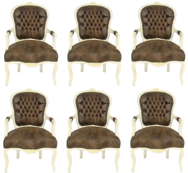 Casa Padrino Barock Salon Stuhl Set Braun / Creme 60 x 50 x H. 93 cm - 6 handgefertigte Salon Stühle mit Lederoptik - Barockmöbel
