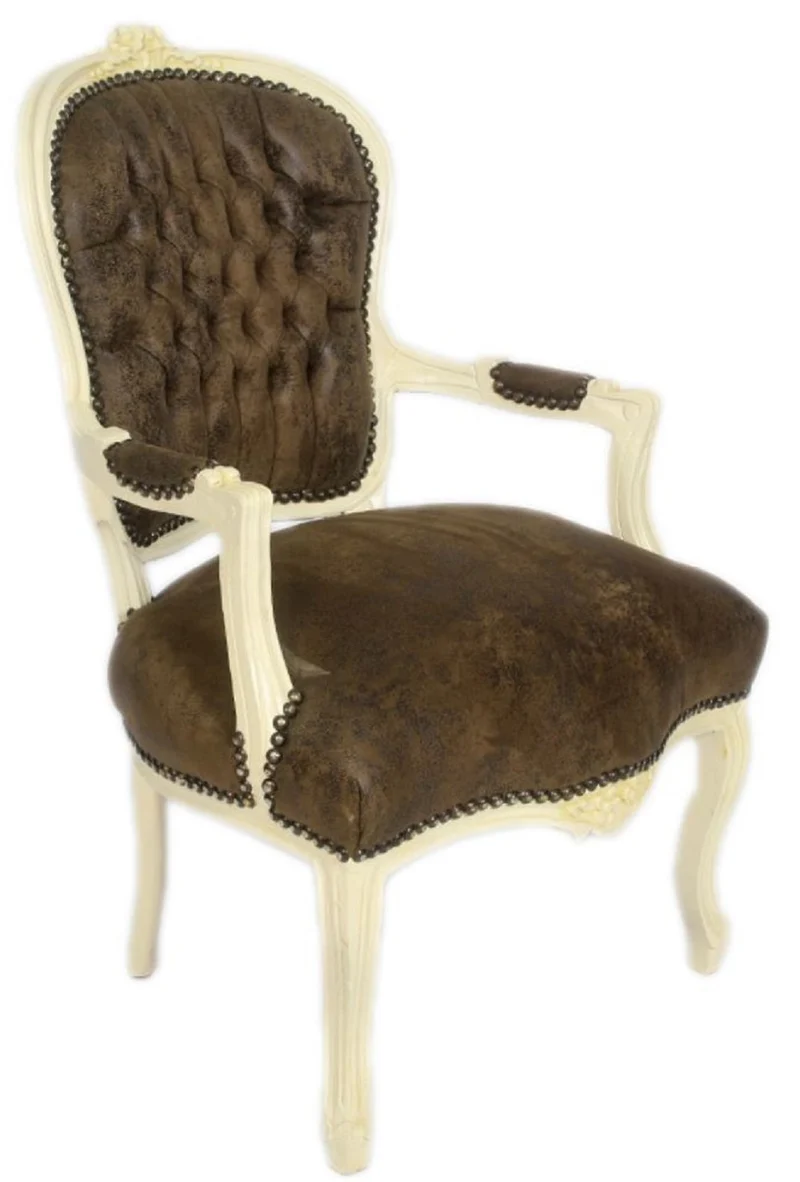 Casa Padrino Barock Salon Stuhl Set Braun / Creme 60 x 50 x H. 93 cm - 6 handgefertigte Salon Stühle mit Lederoptik - Barockmöbel