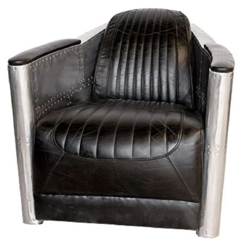 Casa Padrino Art Deco Aluminium Echtleder Sessel Schwarz / Silber 74,5 x 94 x H. 78 cm - Club Sessel - Lounge Sessel - Flugzeug Flieger Möbel