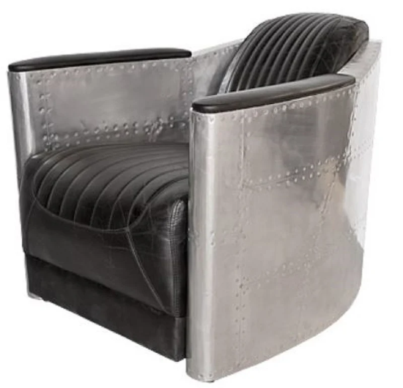 Casa Padrino Art Deco Aluminium Echtleder Sessel Schwarz / Silber 74,5 x 94 x H. 78 cm - Club Sessel - Lounge Sessel - Flugzeug Flieger Möbel