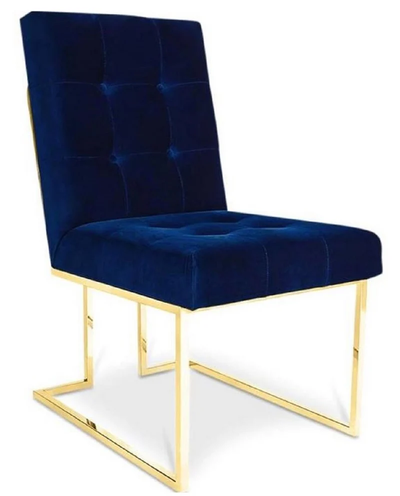 Casa Padrino Luxus Chesterfield Samt Esszimmerstuhl Dunkelblau / Gold 48 x 67,5 x H. 90 cm - Esszimmermöbel
