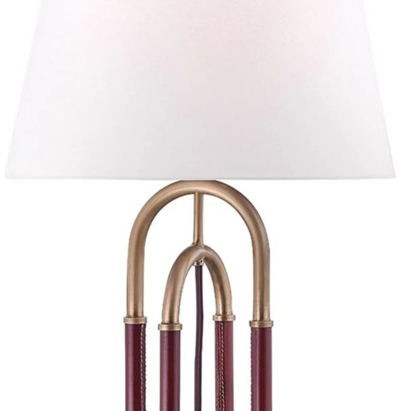 Casa Padrino Luxus Tischleuchte Antik Messing / Braun / Weiß Ø 40,6 x H. 73,7 cm - Edle Metall Leuchte mit hochwertigem Leder und Leinen Lampenschirm - Luxus Qualität