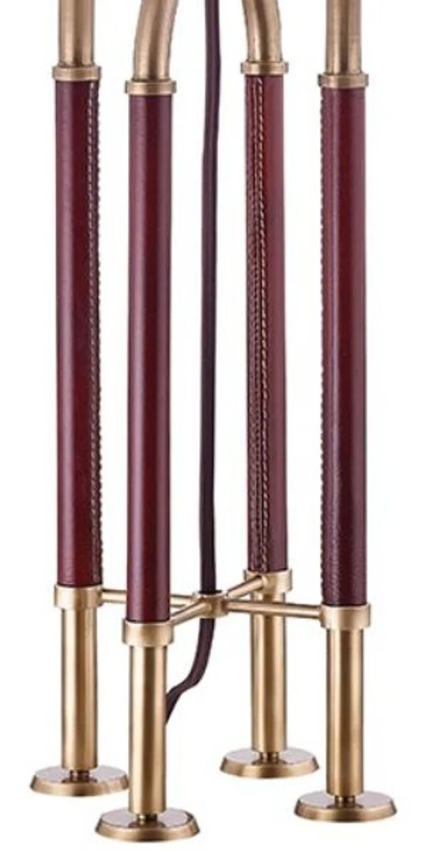 Casa Padrino Luxus Tischleuchte Antik Messing / Braun / Weiß Ø 40,6 x H. 73,7 cm - Edle Metall Leuchte mit hochwertigem Leder und Leinen Lampenschirm - Luxus Qualität