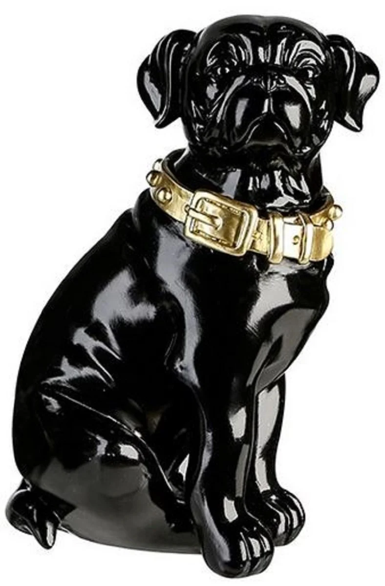 Casa Padrino Dekofigur Hund mit Halsband Schwarz glänzend / Gold 16 x 15 x H. 26 cm - Deko Accessoires