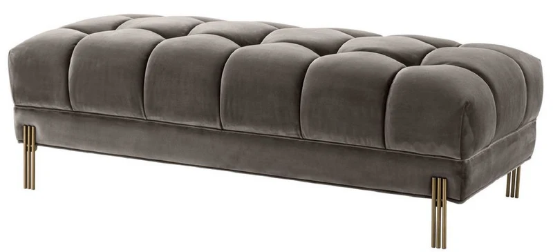 Casa Padrino Luxus Sitzbank Grau / Messingfarben 133 x 59 x H. 42 cm - Gepolsterte Samt Bank mit Edelstahl Beinen - Luxus Kollektion
