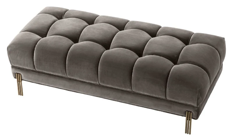 Casa Padrino Luxus Sitzbank Grau / Messingfarben 133 x 59 x H. 42 cm - Gepolsterte Samt Bank mit Edelstahl Beinen - Luxus Kollektion