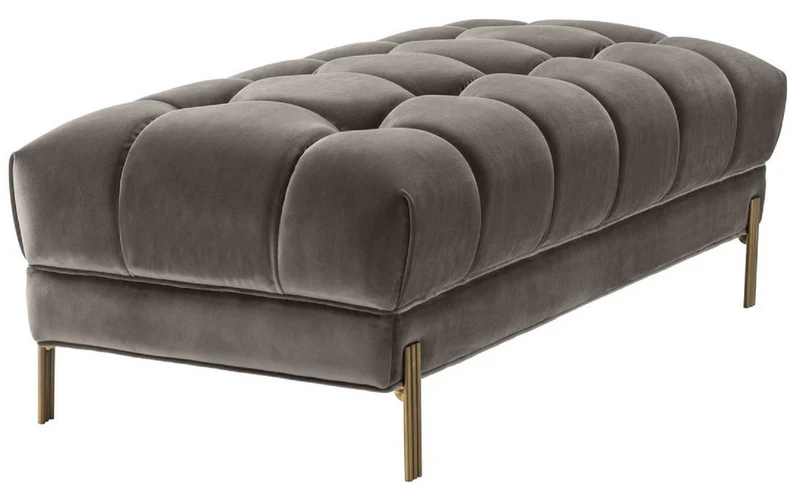 Casa Padrino Luxus Sitzbank Grau / Messingfarben 133 x 59 x H. 42 cm - Gepolsterte Samt Bank mit Edelstahl Beinen - Luxus Kollektion